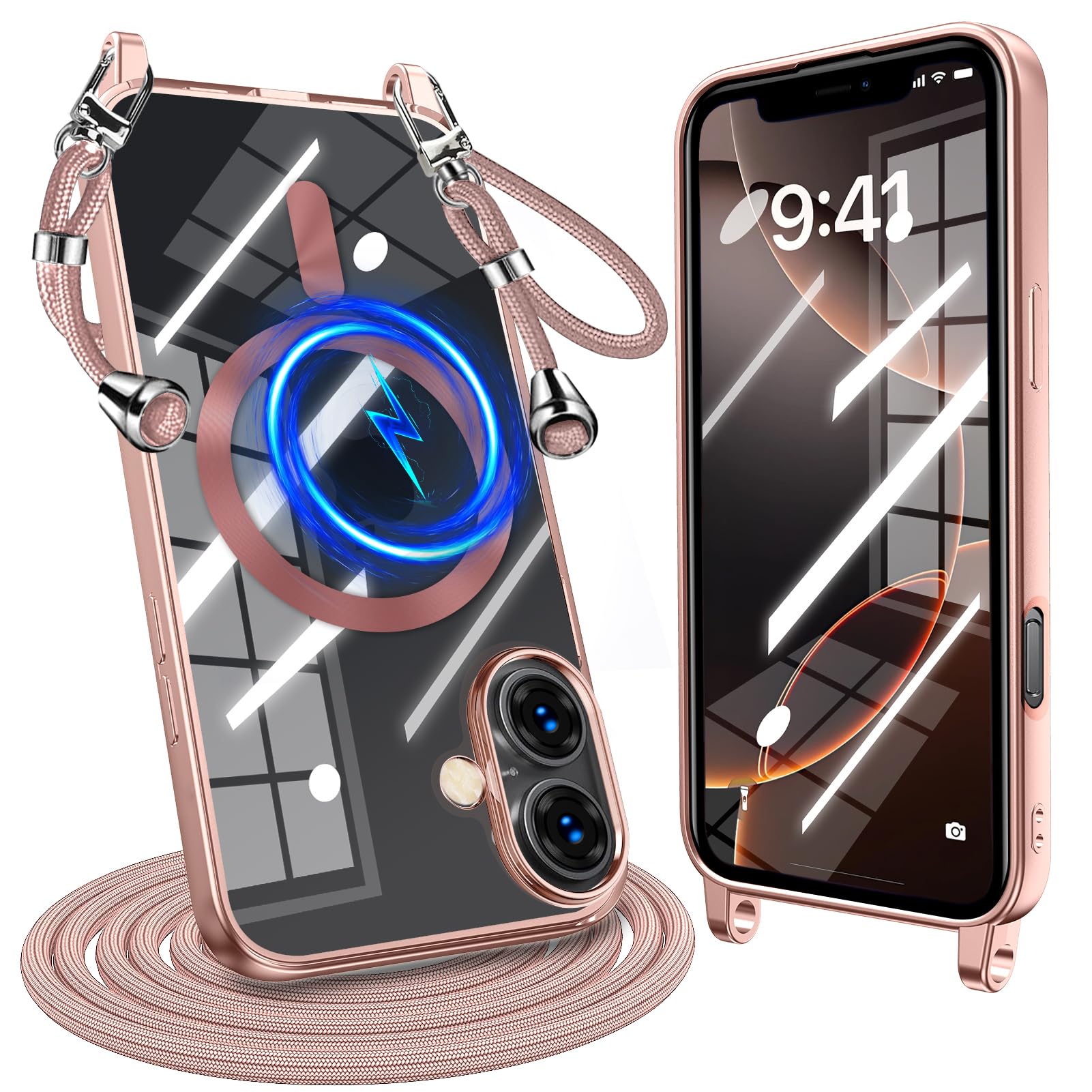 QOUNVYW 向け iPhone 16 用のケース クリア ショルダー 耐衝撃 Magnetic対応 ストラップホール付き ピンク