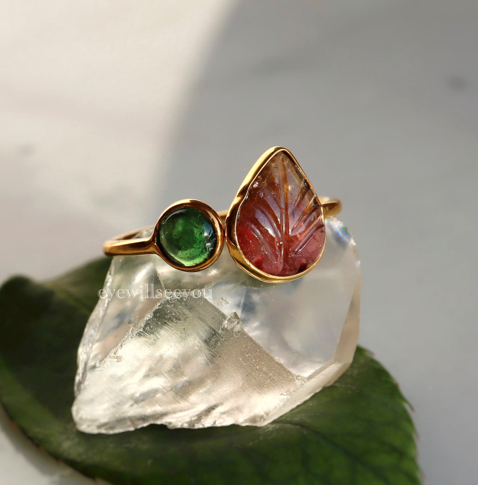 （調整可 11.5号）Tourmaline leaf open ring (green/bicolor