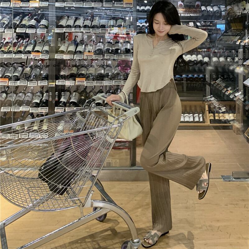 Vネックニットトップス レディースハイウェストプリーツパンツ レッドカジュアルサマー ロング 夏物 ガールズファッション31497891193