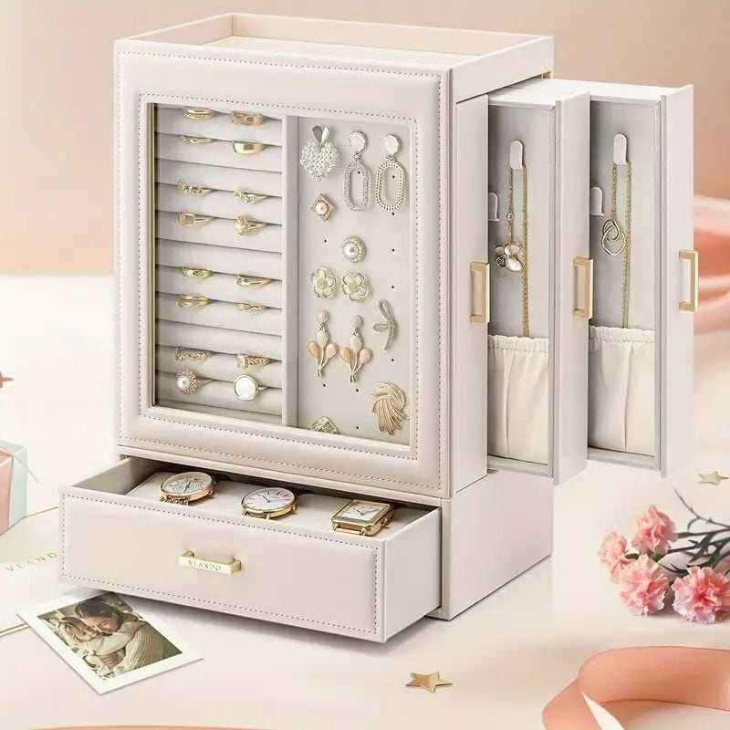 ジュエリーボックス レザージュエリーボックス、ロック付きオーガナイザーボックス、ダブルレイヤーハート型キーロック、ネックレスハンガー ジュエリーボックス  レディース ガールズ ポータブル ジュエリー 旅行 オーガナイザー PUレザー 3層引き出し ロック付き ネック ... ジュエリーオーガナイザーボックス ロック付き 3層ジュエリー収納オーガナイザーボックス PUレザージュエリーボックス 女性と女の子向