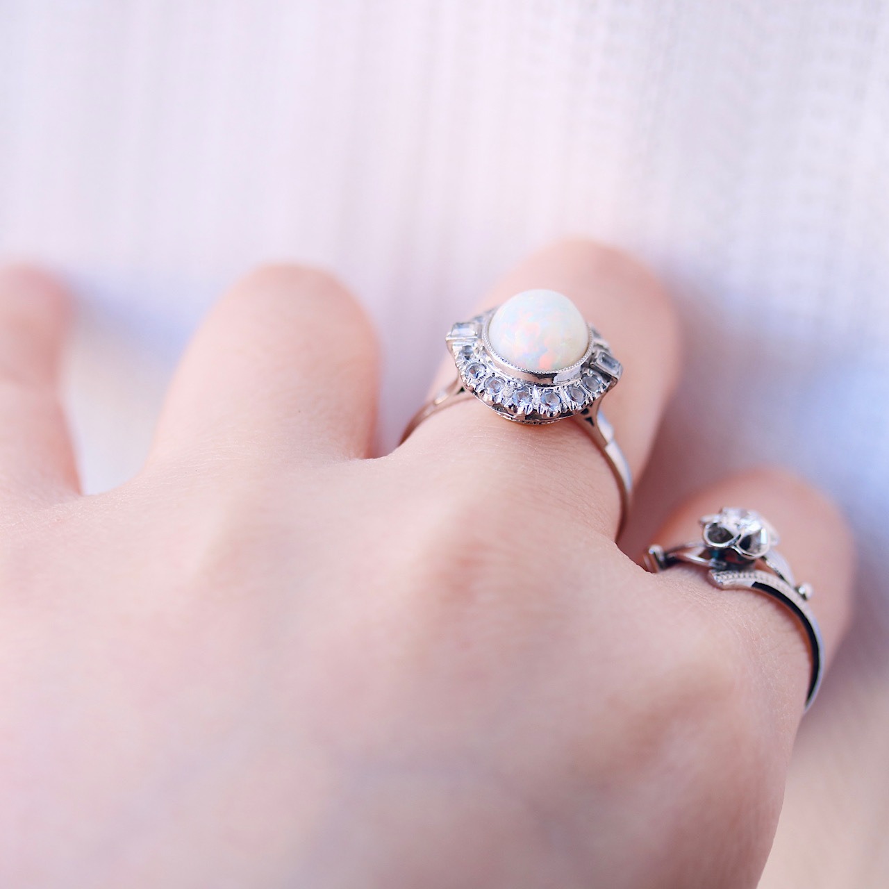 K14WG ホワイトオパール 透明石取り巻き ヴィンテージリング  