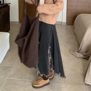 fringe patchwork denim skirt　J00378