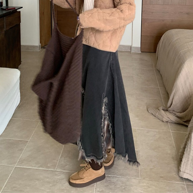 fringe patchwork denim skirt　J00378