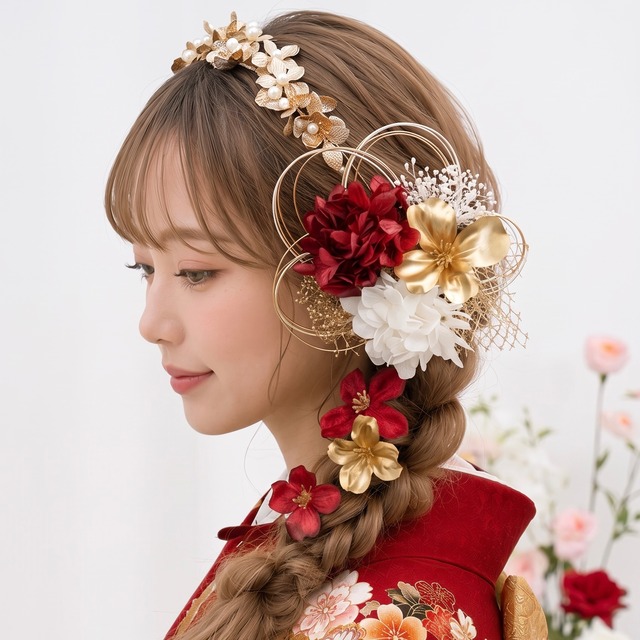 A113 カチューシャ　ゴールド×赤　髪飾り  成人式　卒業式　袴　振袖　結婚式　水引　ドライフラワー
