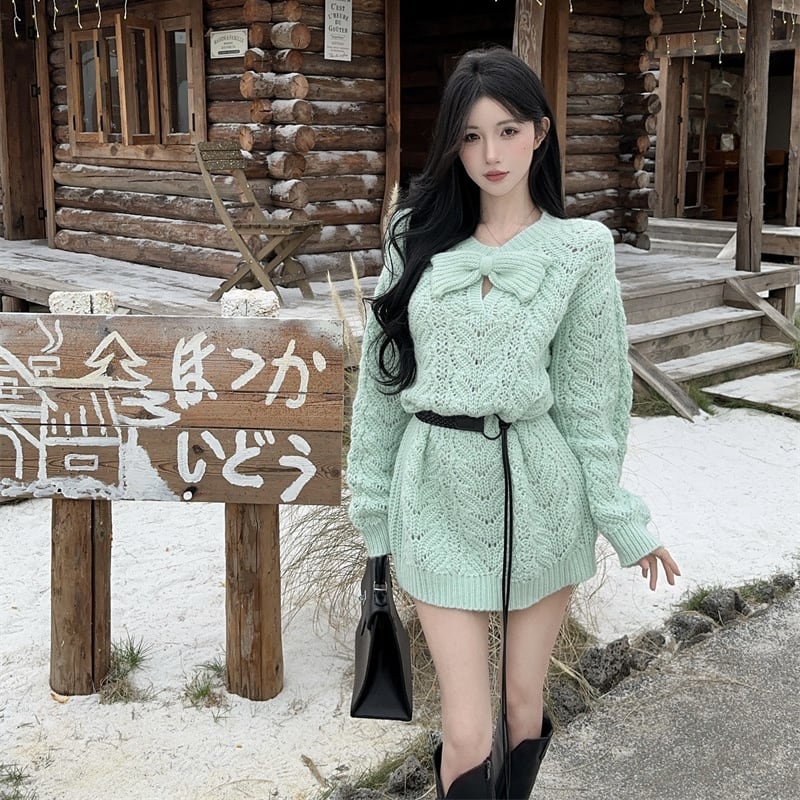 【dress】リボン付きニットワンピース Q7106