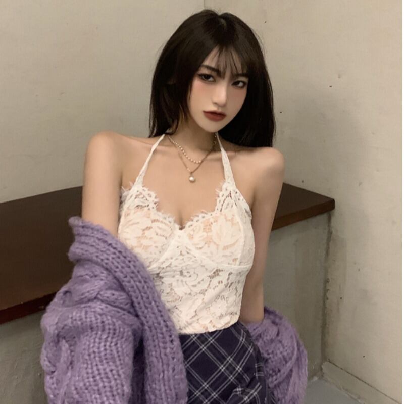 ショートホルターブラックレーススプリングスタイルスリムトップス 春物 YY-ファッション71418249692