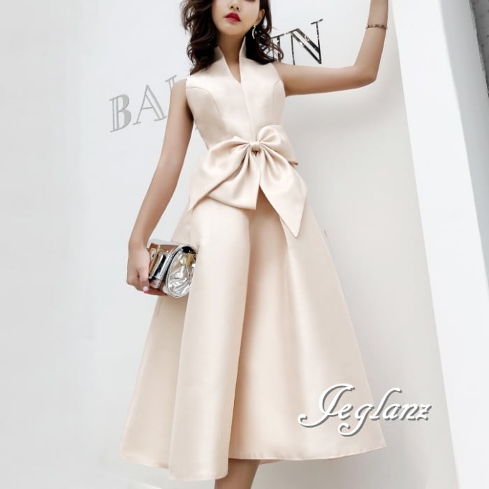 2色 パーティ ドレス ノースリーブ ビッグボウ スタンドカラー タック入り ♪ ( M0151)ζ