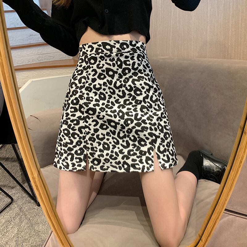 スプリングオータムスタンダードレオパードプリント柄ショートスカート 薄手ハイウェストAライン レトロ 春物 秋物 スーパーモール72375448161