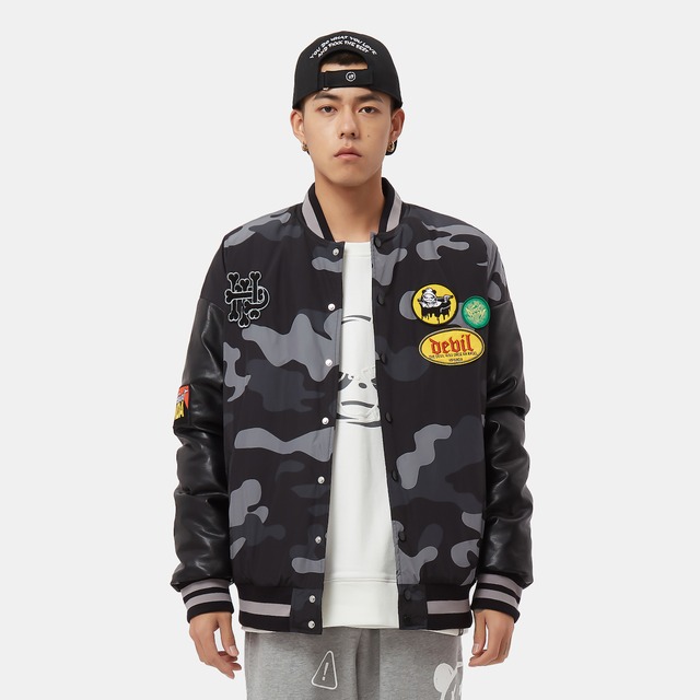 SALE 送料無料【HIPANDA ハイパンダ】男女兼用 カモフラージュプリント ワッペン 中綿スタジャン UNISEX CAMO PRINT WAPPEN PUDDING BASEBALL JACKET / BLACK・BEIGE