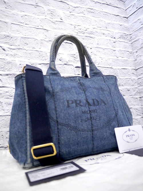 ◆PRADA プラダ CANAPA S カナパ デニム地 2way クロスボディ ショッパー トート バッグ 青◆ 使い勝手抜群！クロスボディ対応の定番モデル