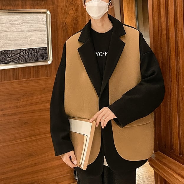 【予約販売】ジャケット 無地 バイカラー 重ね着風 レイヤード アウター メンズ パープル/ブラック/クリーム オーバーサイズ カジュアル こなれ感 お洒落 韓国トレンド 秋 冬 M/L/XL/2XL