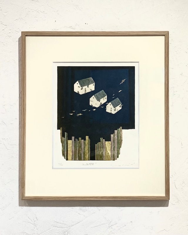 岩切裕子 IWAKIRI Yuko「夜の訪問者」woodcut print with frame