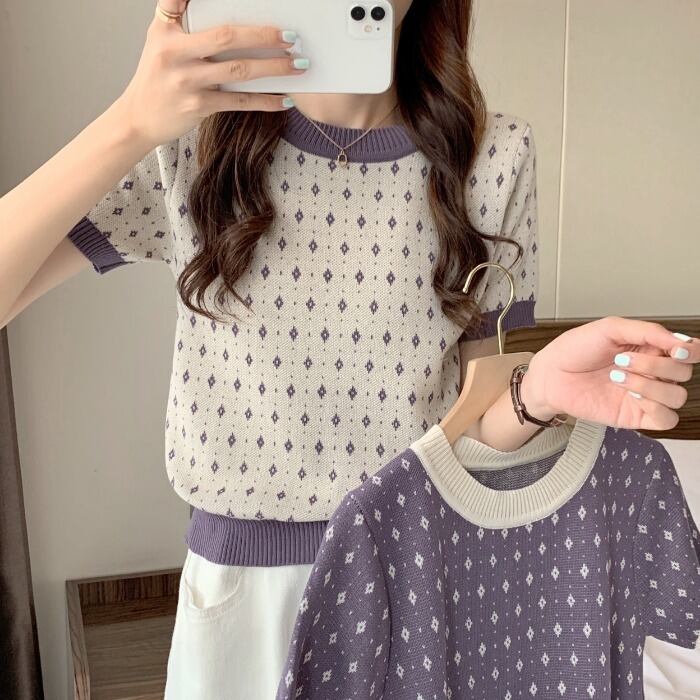 ショートトップス サマーTシャツ 薄手ニットカジュアルスリム 大人ガーリー スウィート キュート 夏物 1号婦人56251313259