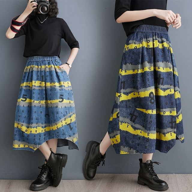 PRINT A-LINE IRREGULAR HEM MIDI DENIM SKIRT 2colors M-8957