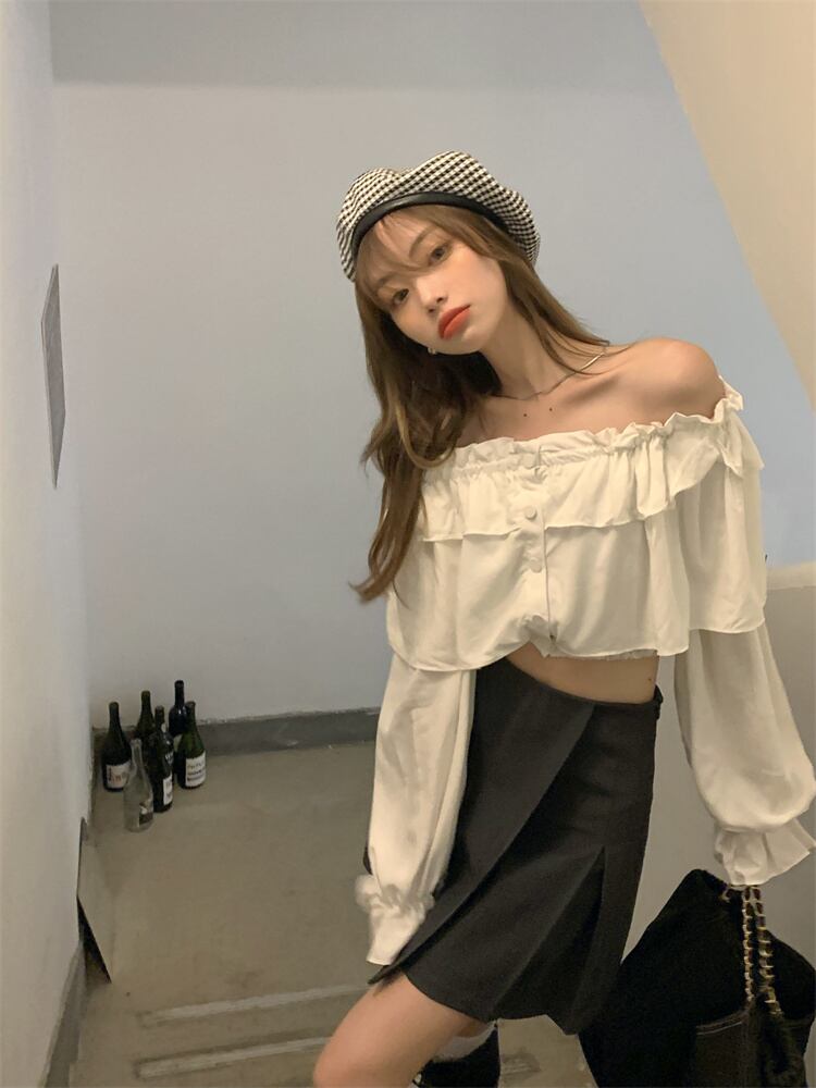 カラーショートシャツ オータムホワイト薄手トップス ロング 秋物 モンロー78396736977