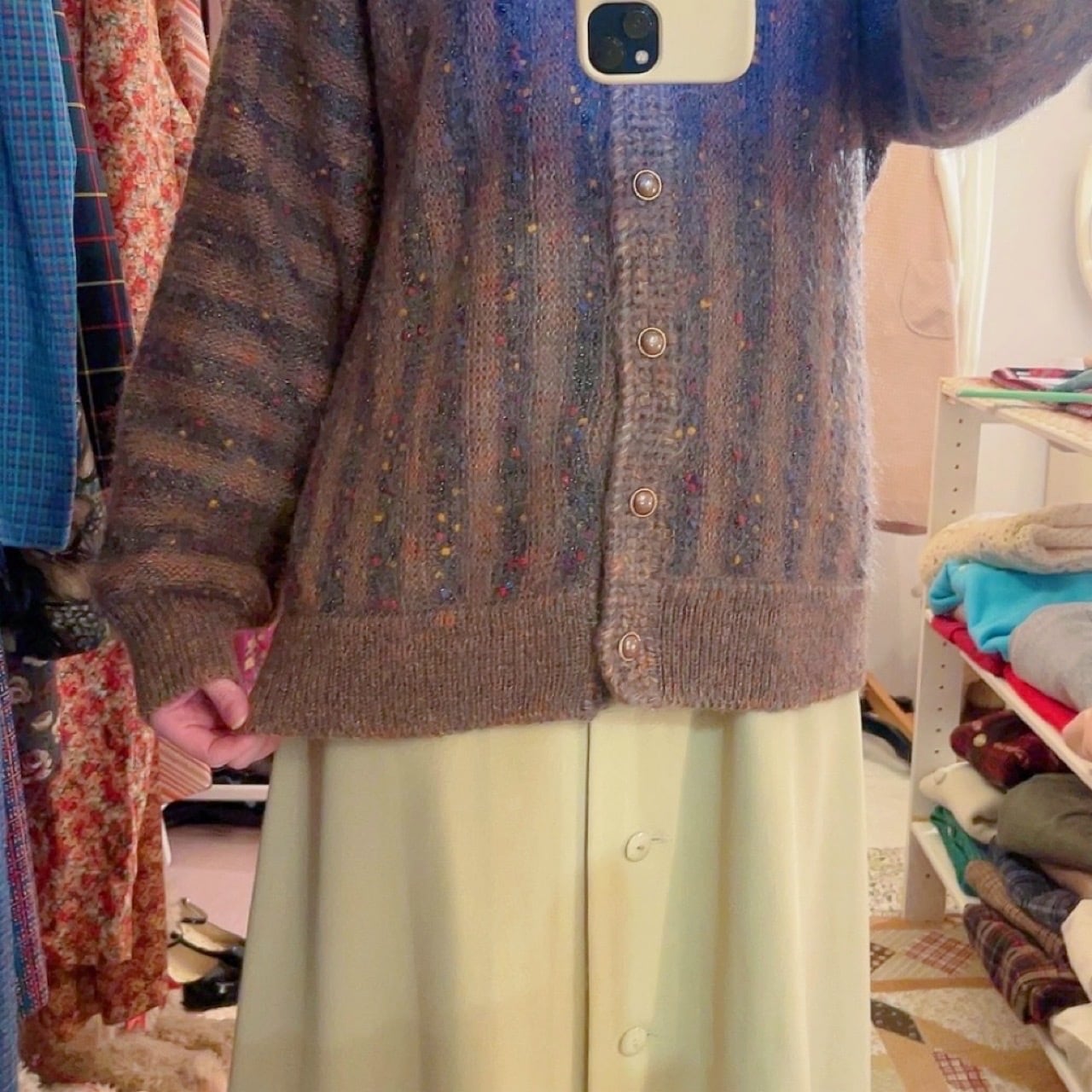 brown fancy yarn knit cardigan