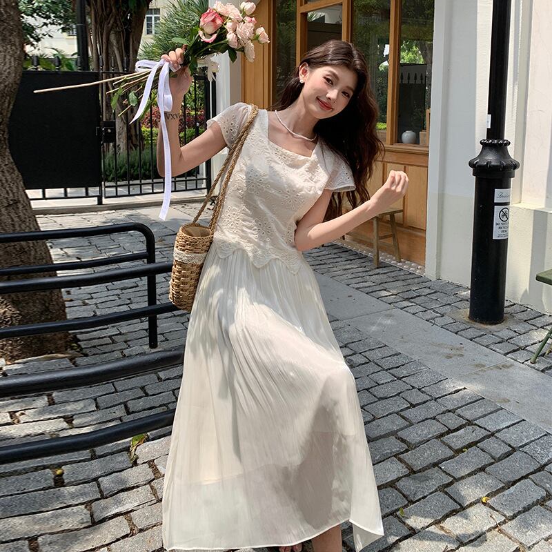 【dress】刺繍ジャカードドッキングワンピース M32528