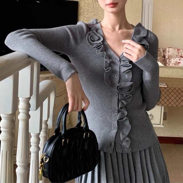 フリルデザイン リブニットカーディガン　W00319