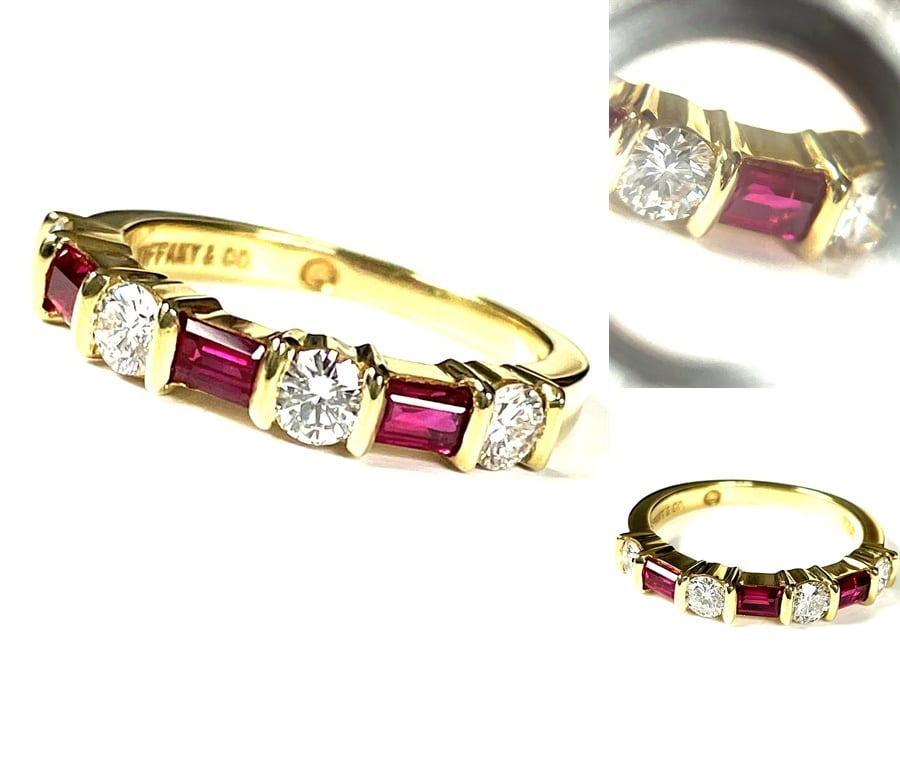 TIFFANY ティファニー K18 YG 750 ダイヤモンド&ルビー バンドリング ハーフエタニティ サークル