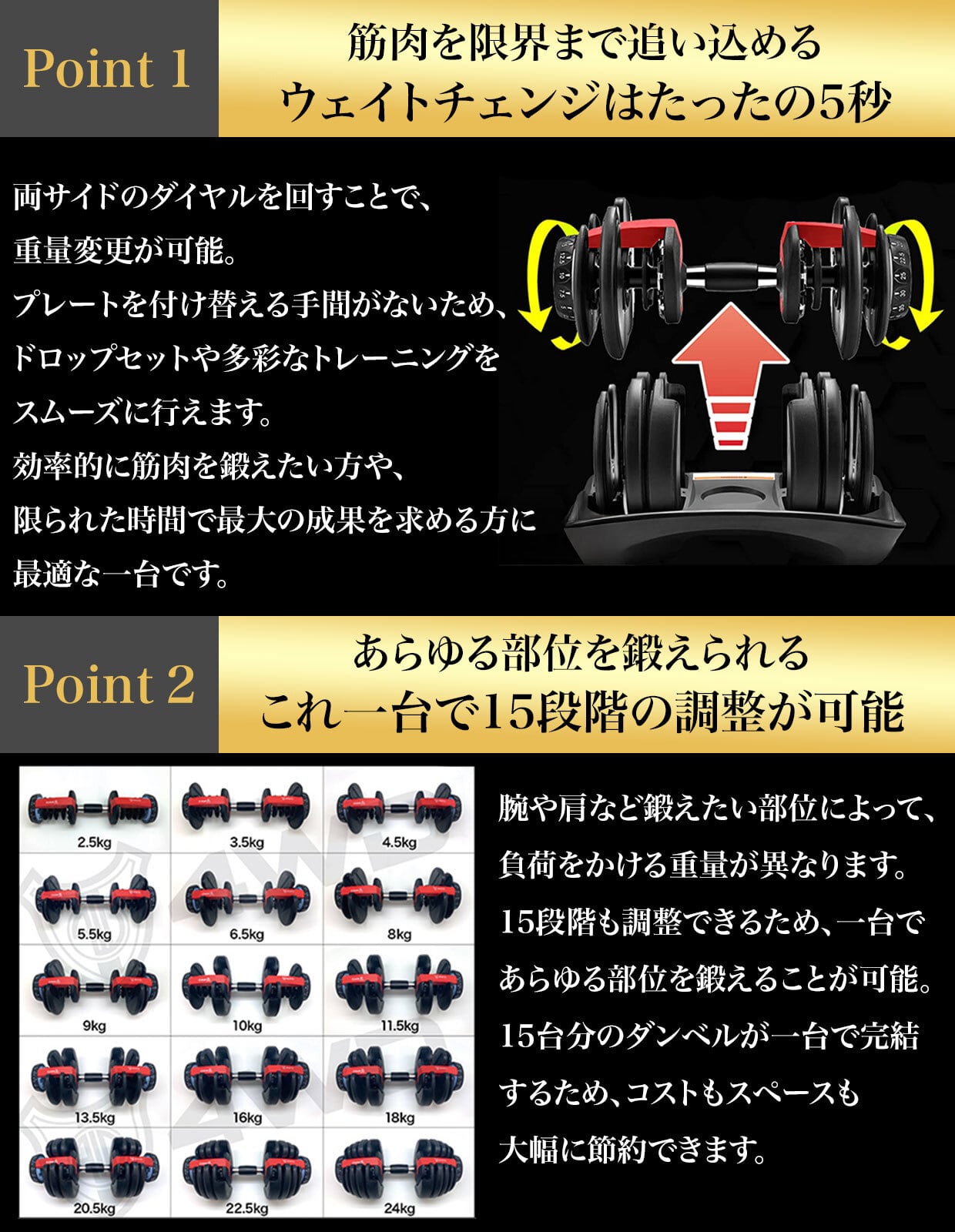 4WD 可変式ダンベル 24kg 1個 15段階調整 ダイヤル式 | 4WD SHOP
