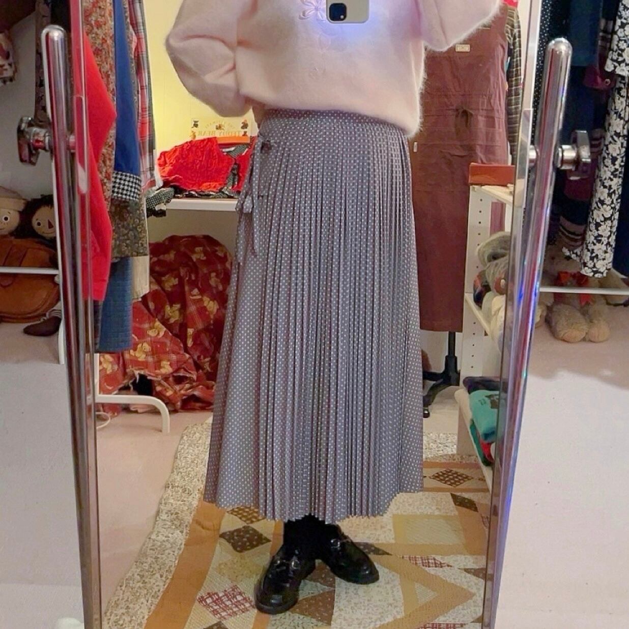 side ribbon dot pleats skirt