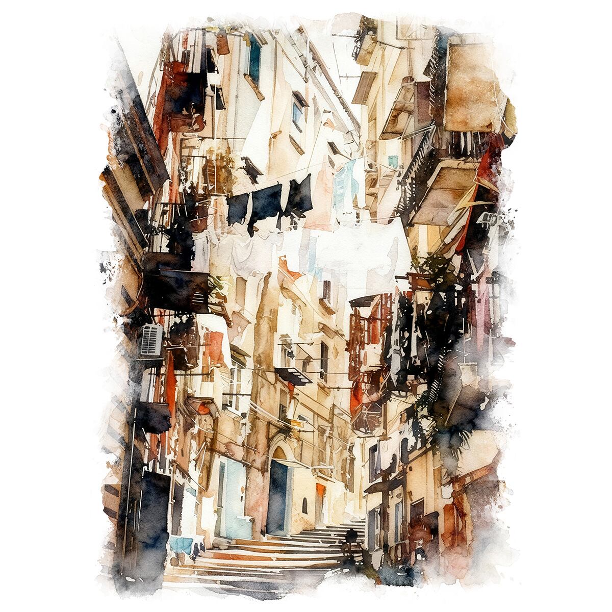 絵画 風景画(街並み)イタリアの ナポリ の旧市街 インテリアアート額付き 水彩画・油絵風 WAT1392