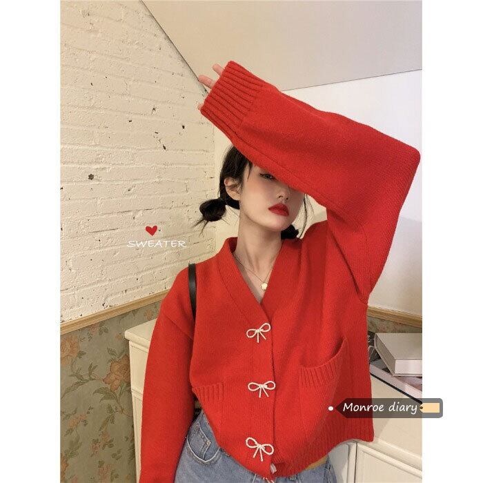レッドセーター ジャケット ニットスプリングVネックショートトップス 春物 モンロー32719702324