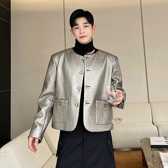 【予約販売】ブルゾン ジップデザイン 長袖 メンズ 無地 シャンパン 黒 ブラック ノーカラー シック こなれ感 お洒落 韓国 トレンド 春 秋 夏 M/L/XL