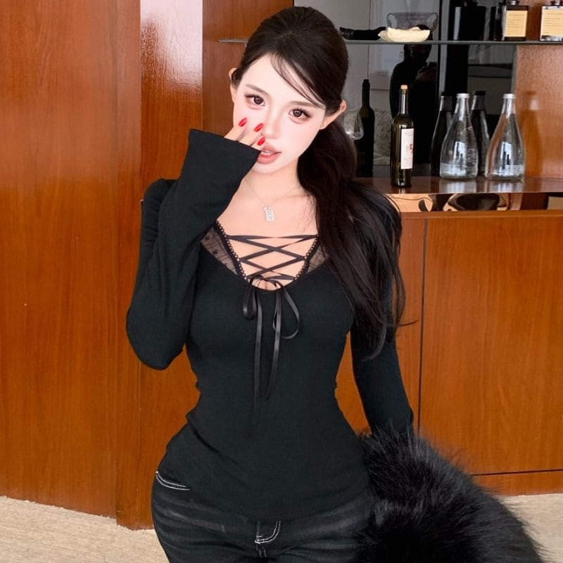 トップス レディース セクシー 長袖 レースアップ フェイクレイヤード