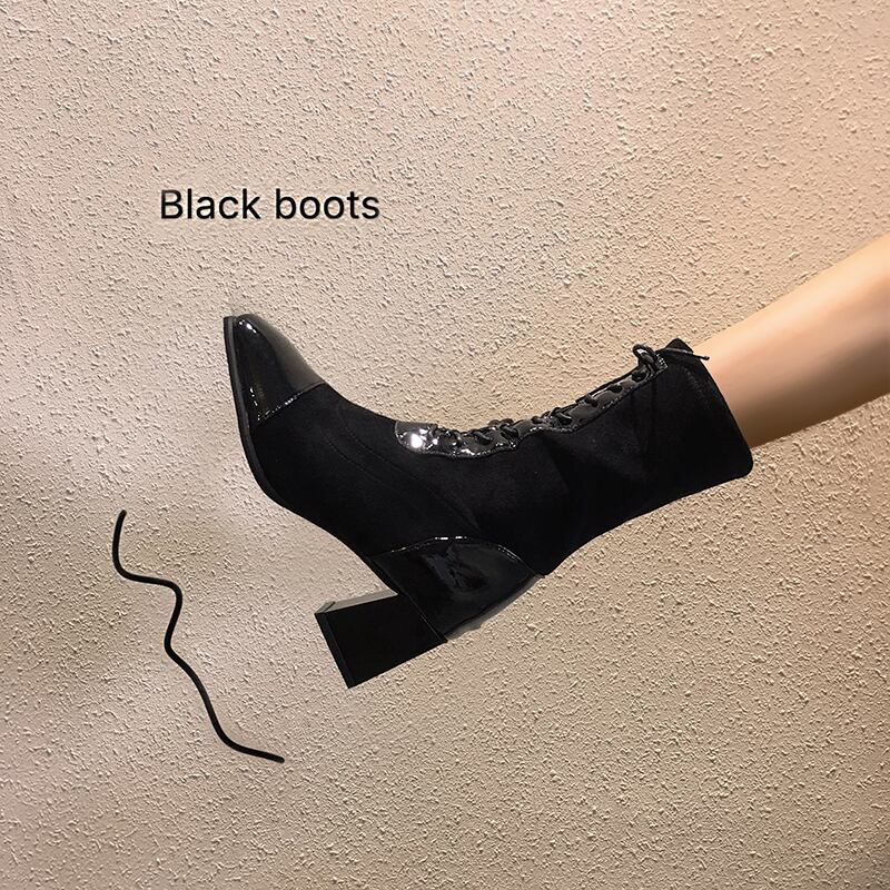 ブーツオータムスタイルレッドショート レース 靴 シューズ 秋物 レースアップ スクウェア フェイクシューズ42698059614