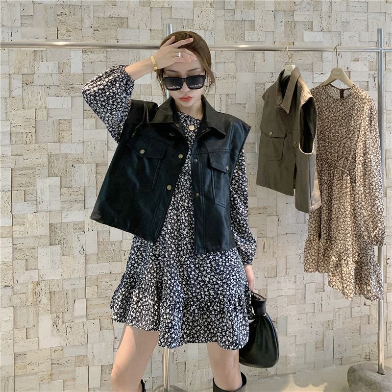 作業着ベストベスト花柄長袖ワンピース女性2020年秋新作スーツ気質ゆうじえスタイルツーピーススーツ ブラックストロベリース67421005888