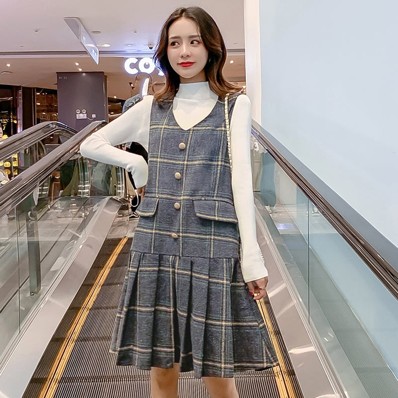 【新作】【送料無料】 マタニティウェア2020秋冬新作ウールチェック柄ミドル丈ベストスカート+ボトミングシャツツーピースセット妊婦さん-アリババ オータム 秋物 ウィンター 冬物 expec267144222968