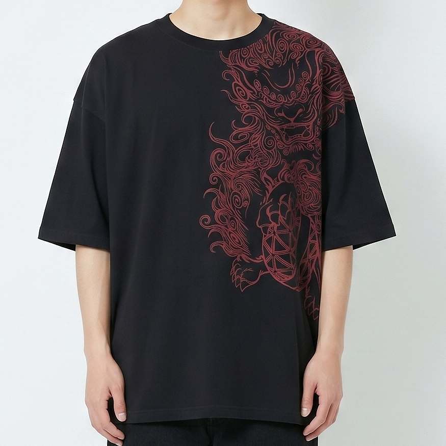 絡繰魂 Tシャツ XXL ブラック 唐獅子 牡丹 刺繍 和柄 綿100 カラクリ