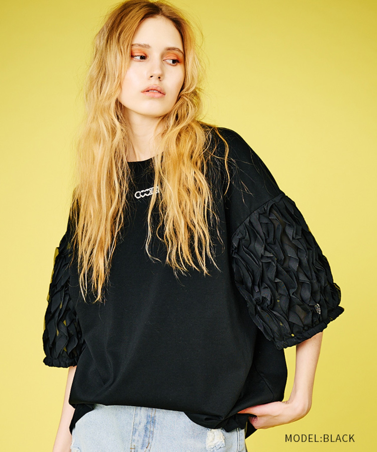 フリルスリーブルーズTシャツ (BLACK) CQ-48031