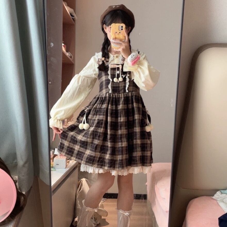 サブカル 服 地雷系 通販 ゆめかわファッション ジャンパースカート ベレー帽 2点セット チェック柄 秋冬 レトロ かわいい