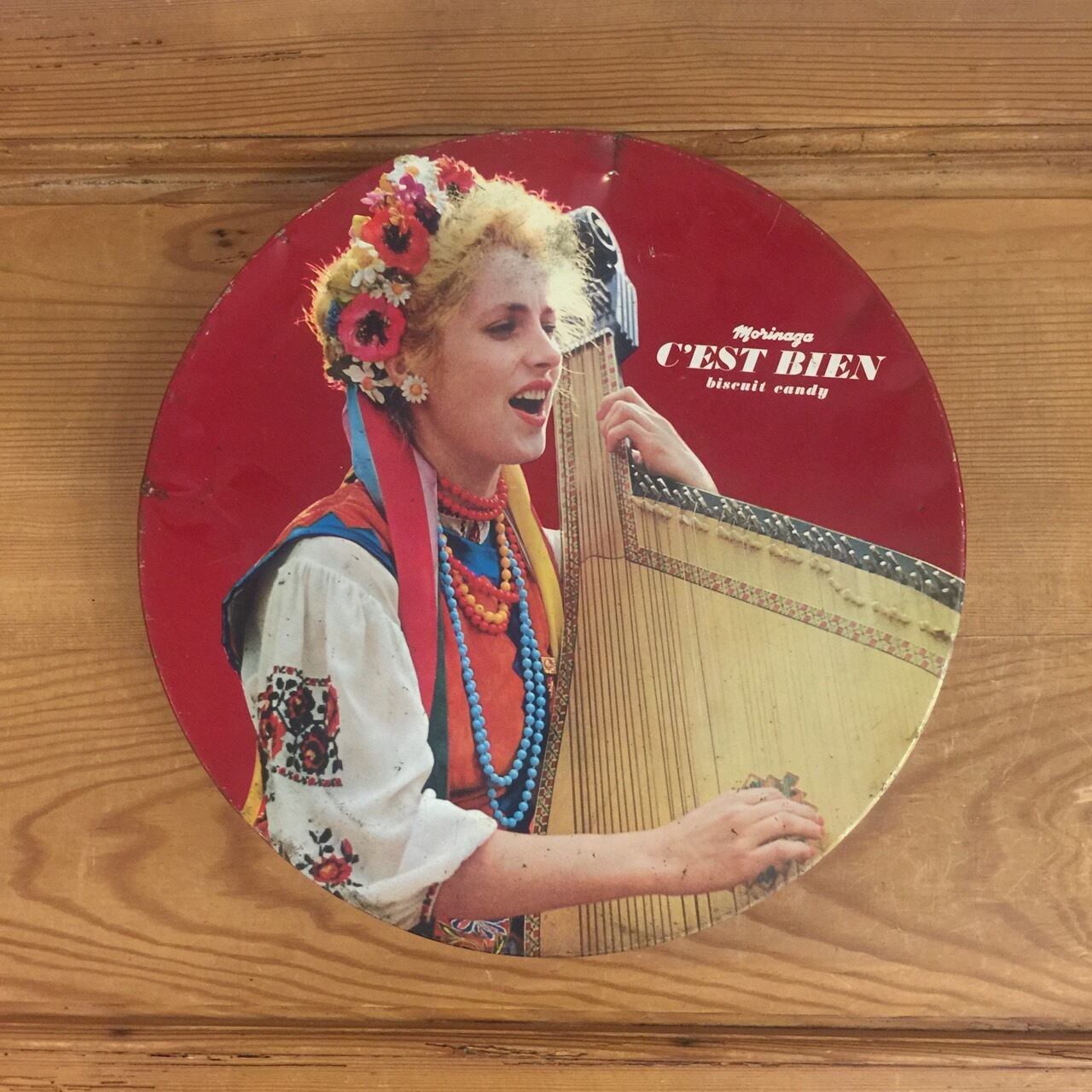 Morinaga C'EST BIEN レトロ缶 森永セビヤン 女性とハープ絵柄 TIN缶