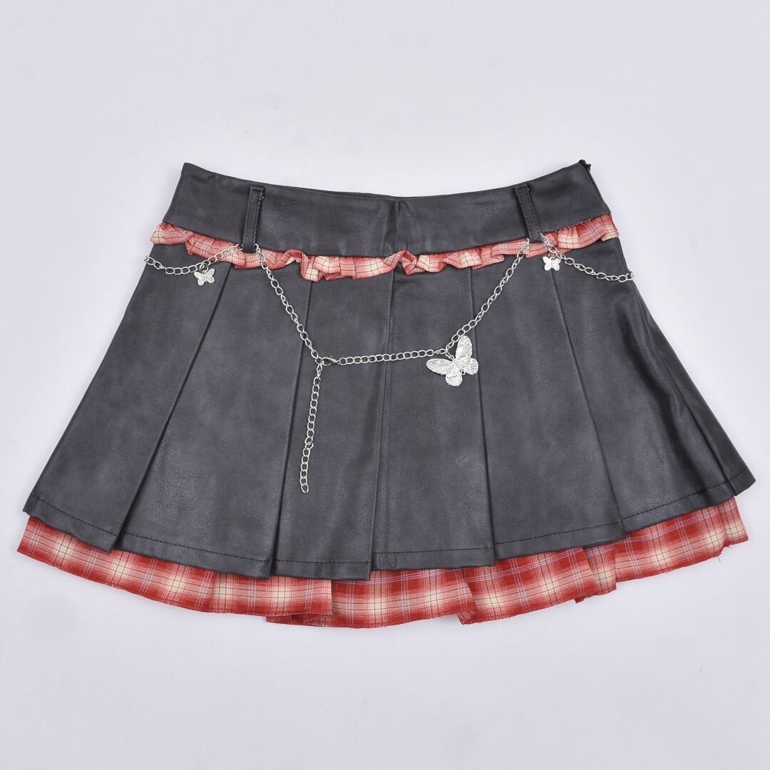 2点セット☆Butterflyチェーン付き レイヤード レザープリーツスカート