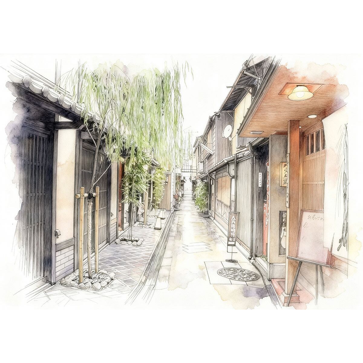 絵画 風景画(街並み) 日本 京都府 柳小路 インテリアアート額付き 水彩画・油絵風 WAT1447