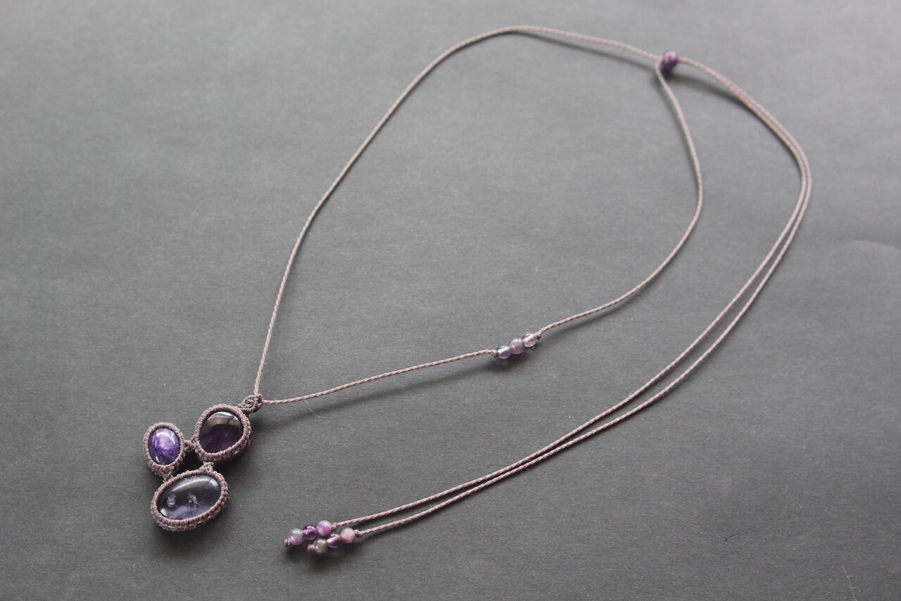 Fluorite & Charoite & Amethyst micro macrame pendant