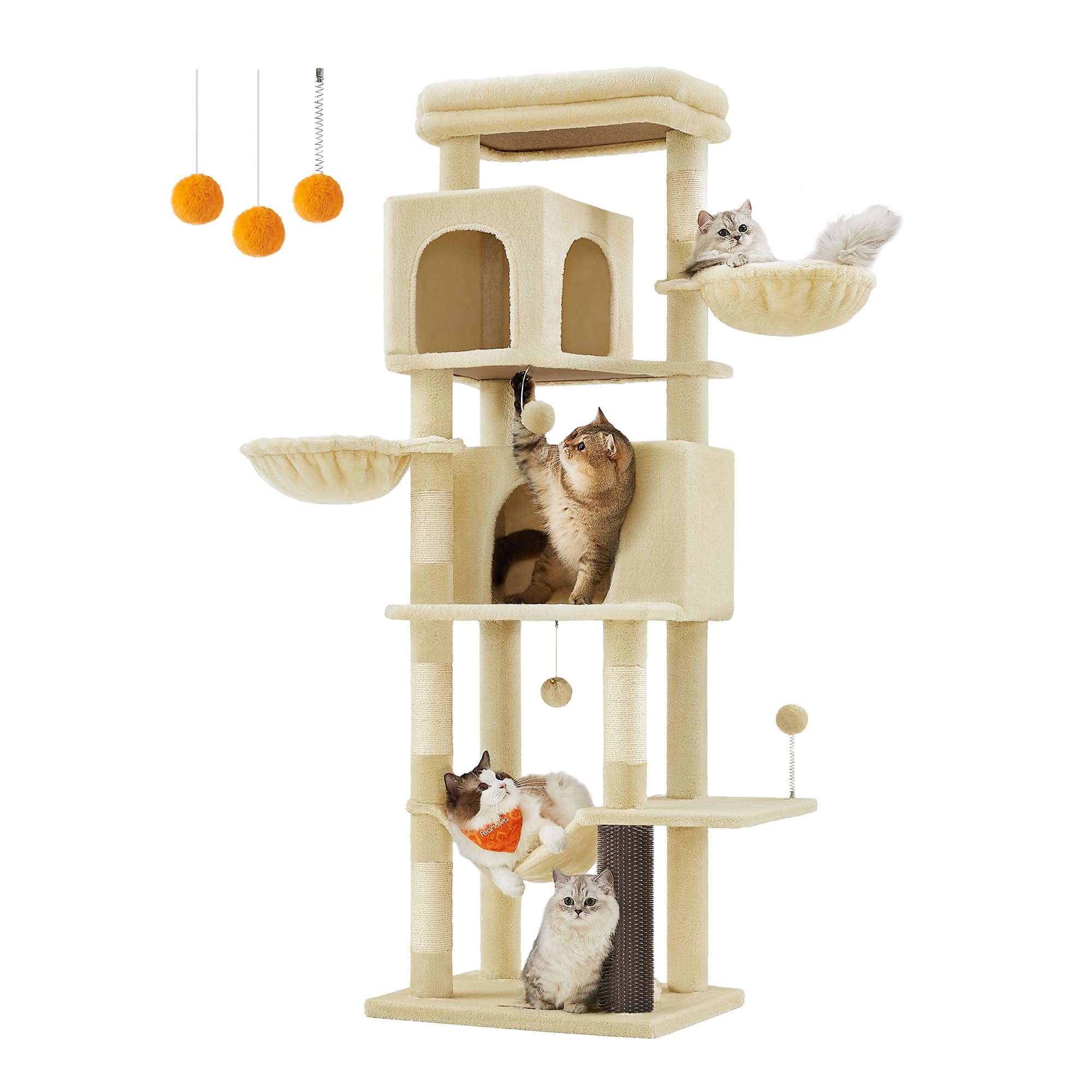 【人気】FEANDREA キャットタワー 猫タワー スリム 大型猫用 多頭飼い 据え置き 登りやすい 省スペース ハンモック 見晴台 ねこハウス ボンボン 天然麻紐 高さ175cm 猫用キャットタワーが新登場PCT182Y01