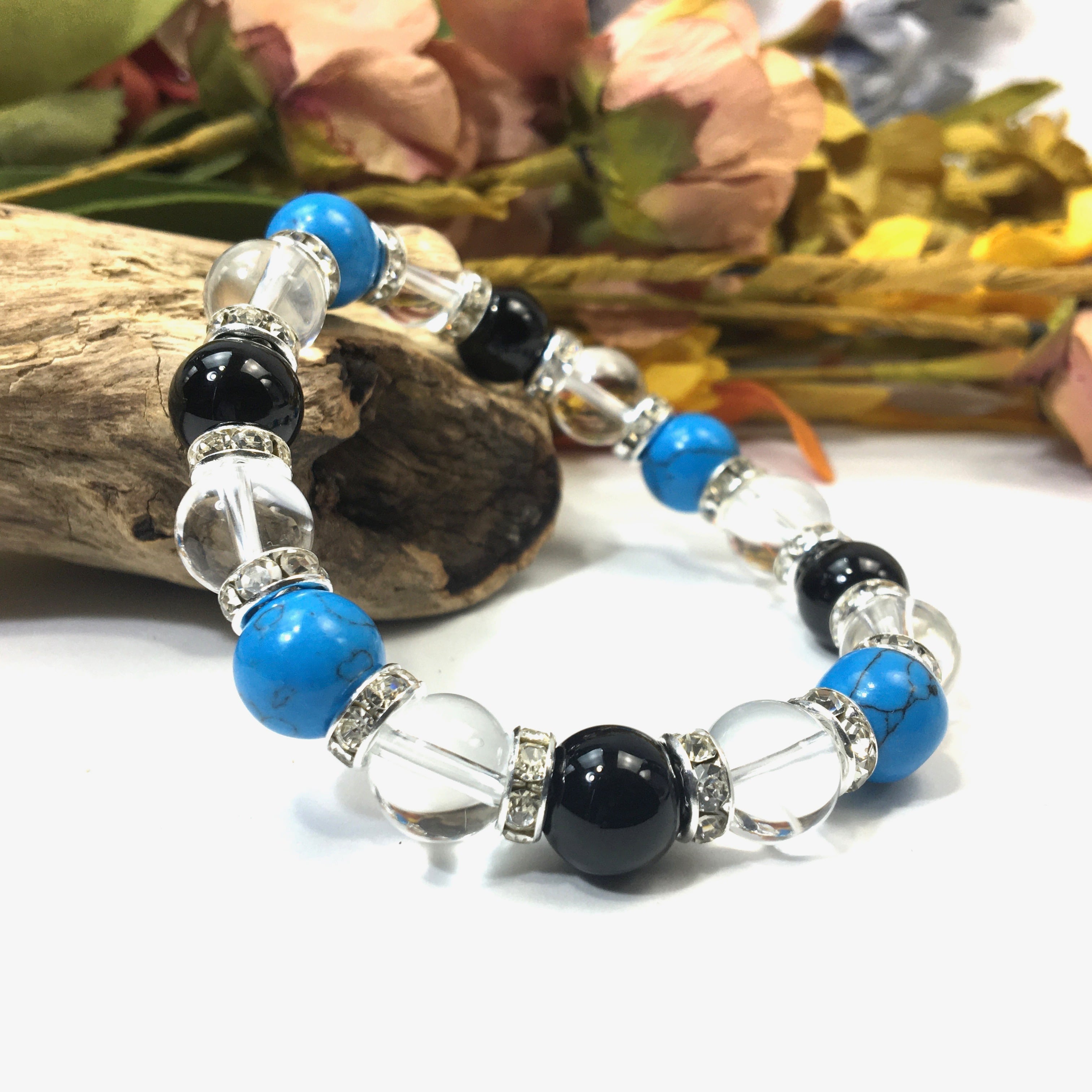 ターコイズ×水晶×オニキス パワーストーン ブレスレット 10mm