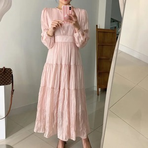 ギャザーウエストプリーツドレス［Pink,Green］