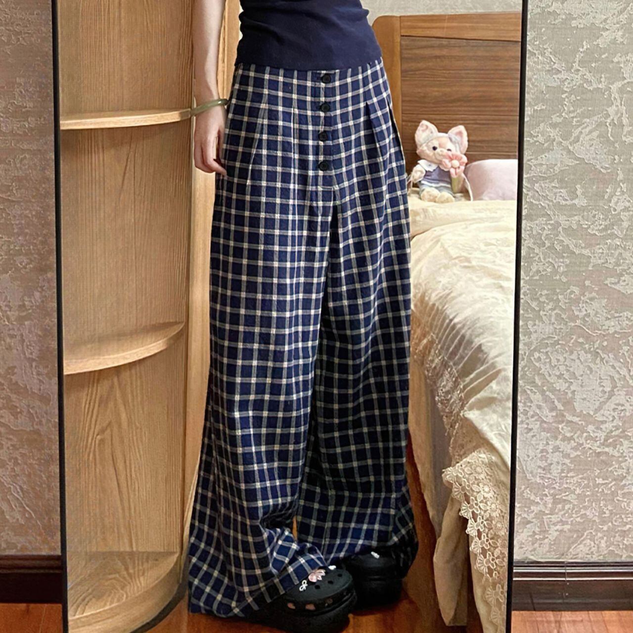 チェック柄 ゆったりシルエット ワイドパンツ Ln00353