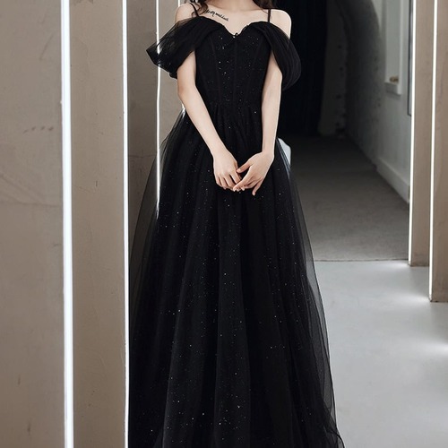 ロングドレス オフショルダー イブニングドレス ブラック Aライン チュール ラメ パーティードレス 演奏会 発表会 成人式 結婚式 ロング丈 大きいサイズ オフショル カラードレス