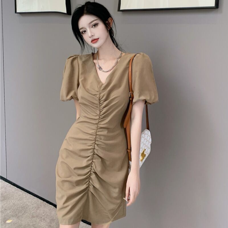 スタイルドレス サマースタンダードVネックスリーブスカート プリーツウェスト レトロ 夏物 YY-ファッション73456075016