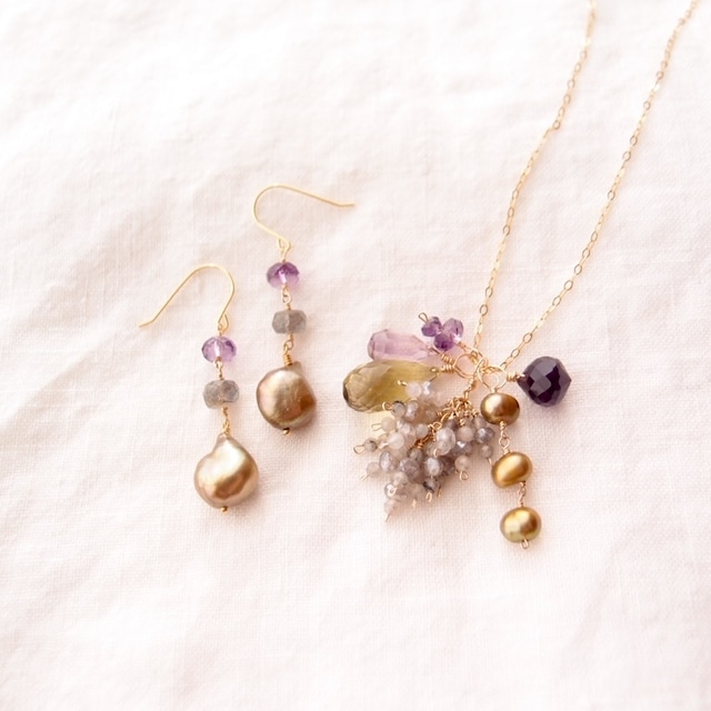 【K14gf】Labradorite × Baroque Pearl  Earrings／ラブラドライト×バロックパール ピアス