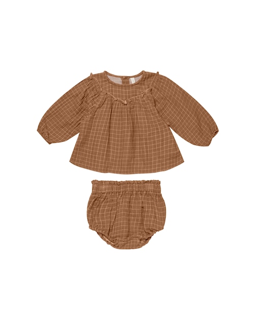 Quincy Mae - balloon sleeve blouse & bloomer / cinnamon grid