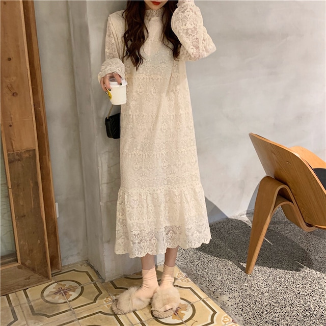 レースワンピース ロングワンピース 長袖 ラウンドネック かわいい ガーリー きれいめ カジュアル お出かけ デート オフィス パーティ 春 Like Fashion