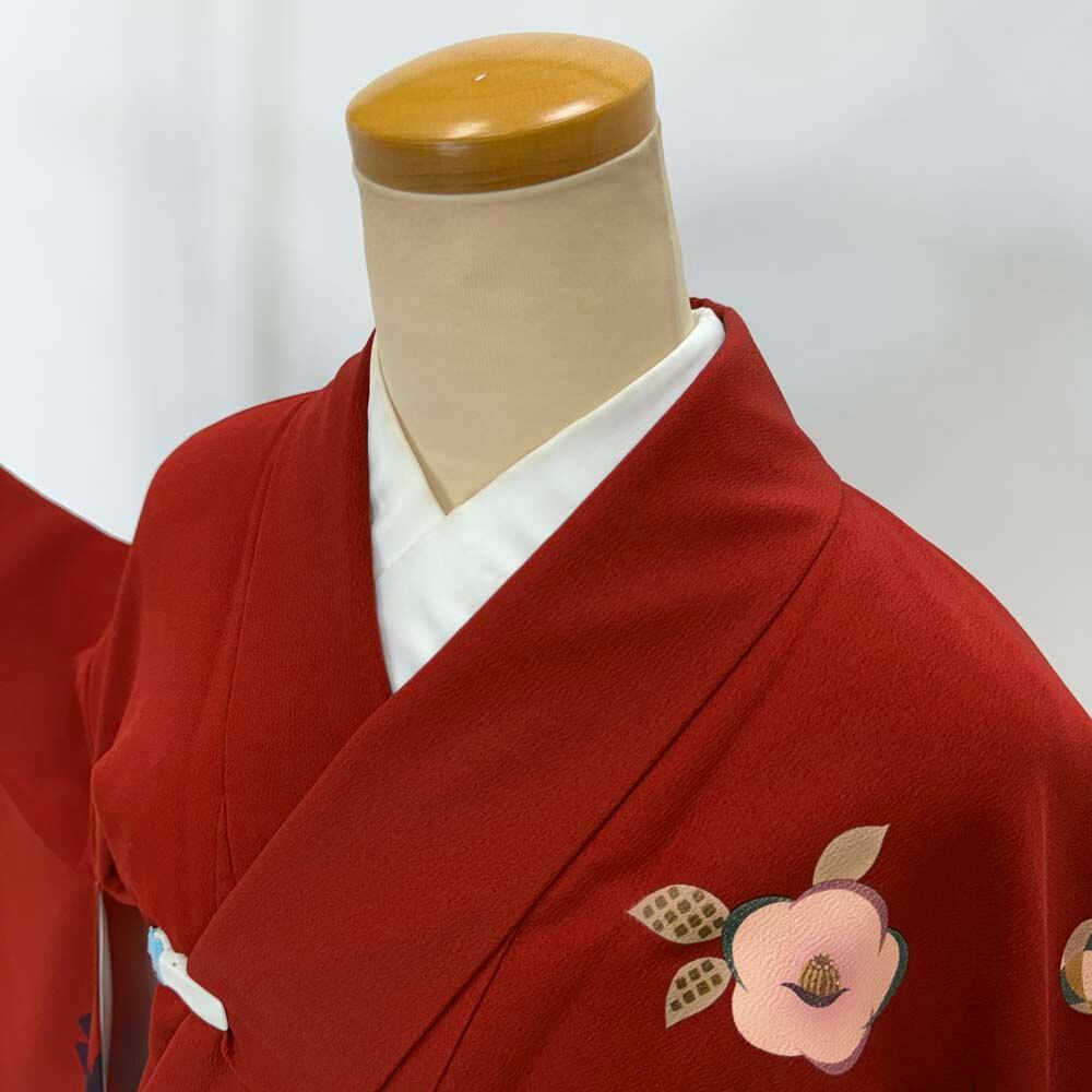 二尺袖 単品 卒業式着物 赤 裄68.5cm Lサイズ 袴用着物 化繊 中古 4534