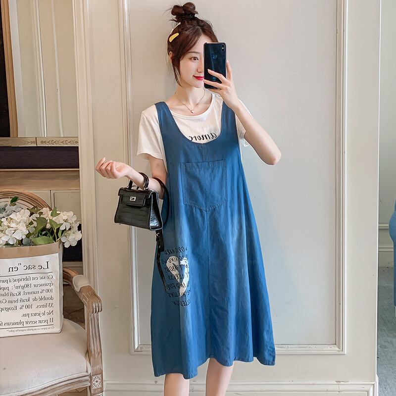 【新作】【送料無料】 マタニティウェア2020夏の新しいプリントTシャツ+ウォッシュドデニムミドル丈ベストスカートツーピース妊婦-アリババ サマー 夏物 expec243419185212